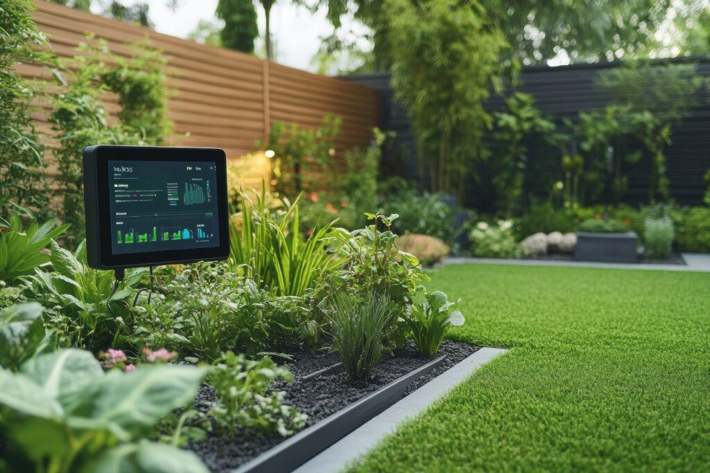 Smartes Gartensystem mit digitalem Display inmitten grüner Pflanzen