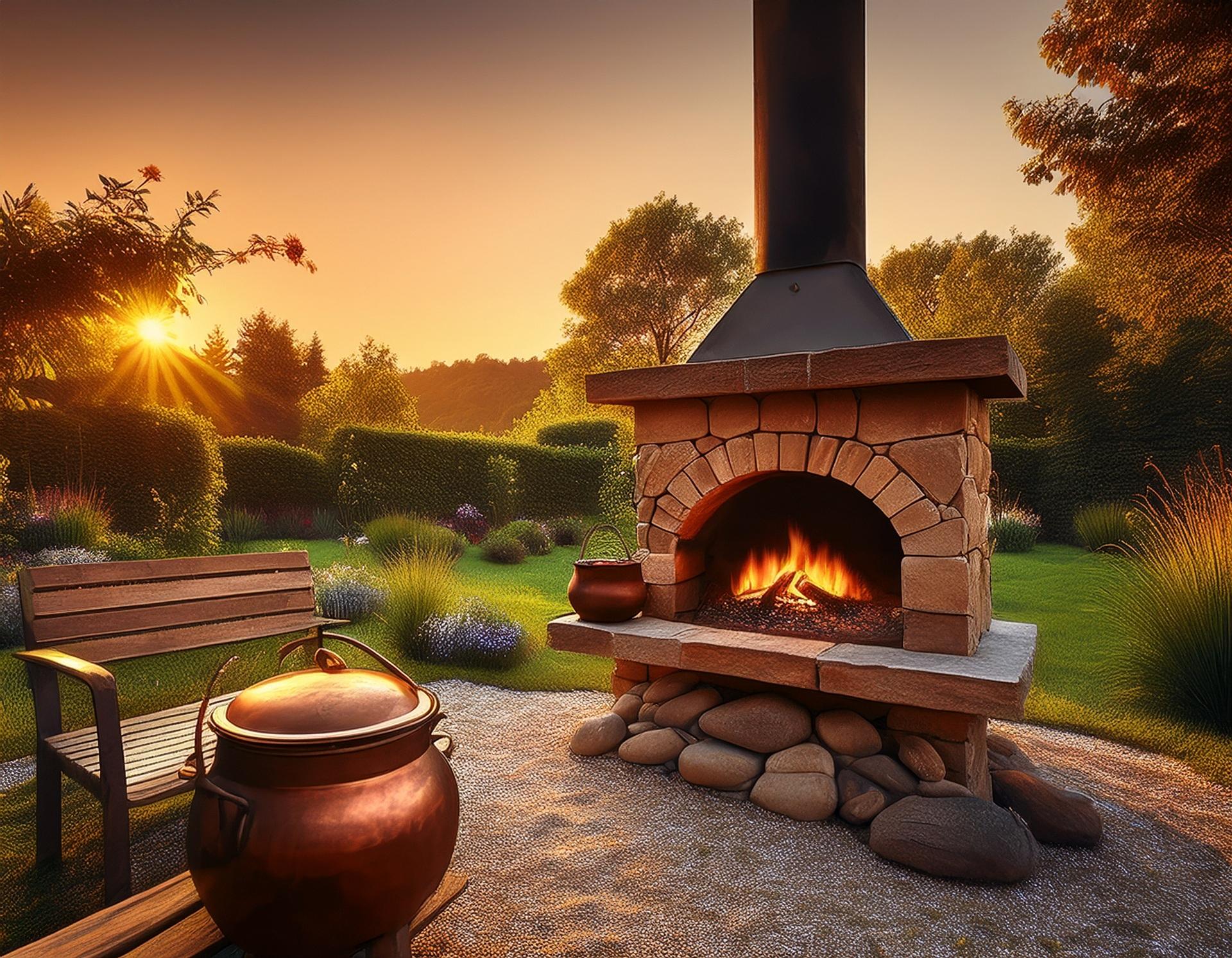 Gartenkamin mit Feuer bei Sonnenuntergang | Brennholz Olching